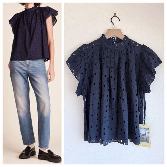 NEW Trovata Birds of Paradis Clara High Neck Blouse in Inkwell Navy Eyelet Lace